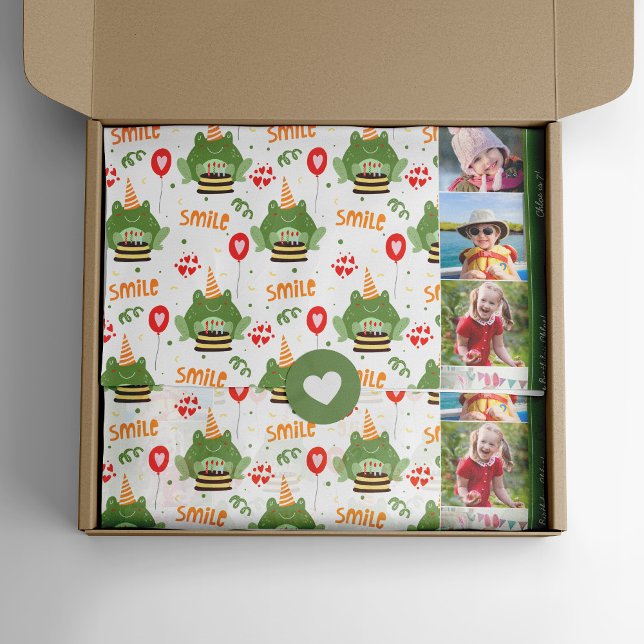 Cute Frog Pattern Smile Text Happy Birthday Photo Tissue Paper (Creator Uploaded)
