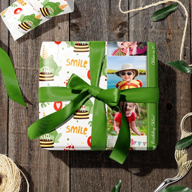 Cute Frog Pattern Smile Text Happy Birthday Photo Wrapping Paper (Creator Uploaded)