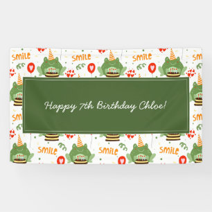 Cute Frog Pattern Smile Text Happy Birthday w Name Banner