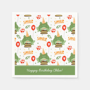 Cute Frog Pattern Smile Text Happy Birthday w Name Napkin