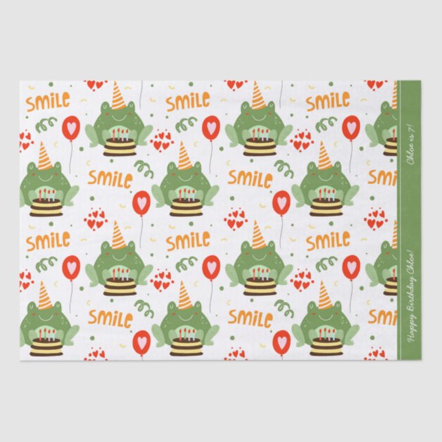 Cute Frog Pattern Smile Text Happy Birthday w Name Tissue Paper (Front)