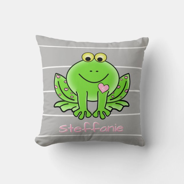 Cute Frog, Personalized w Name & Initial Throw Pillow (Front)