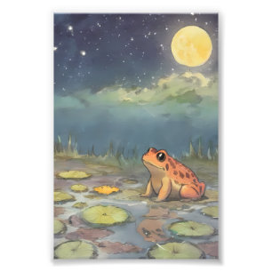 Cute Frog Playful Below the Moon - Whimsical Lunar Photo Print