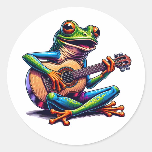 Cute Frog Playing a Guitar Classic Round Sticker (Front)