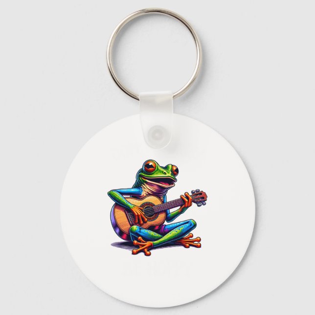 Cute Frog Playing A Guitar Dont Worry Be Hoppy _1  Keychain (Front)
