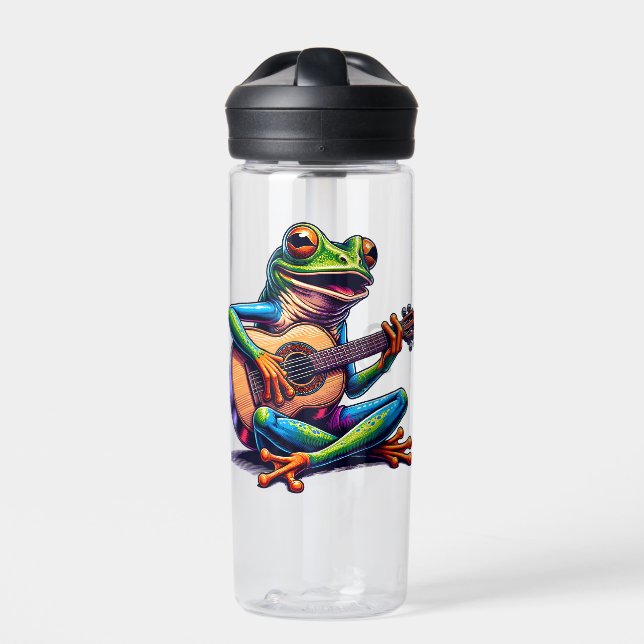 Cute Frog Playing a Guitar Personalized Water Bottle (Front)