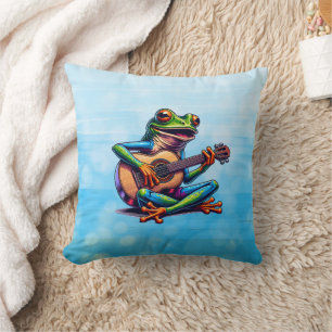 Cute Frog Playing a Guitar Throw Pillow