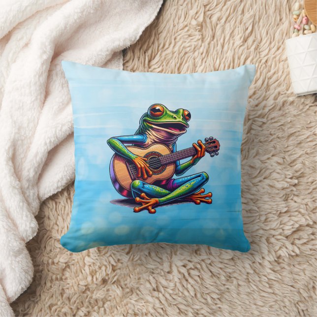 Cute Frog Playing a Guitar  Throw Pillow (Blanket)
