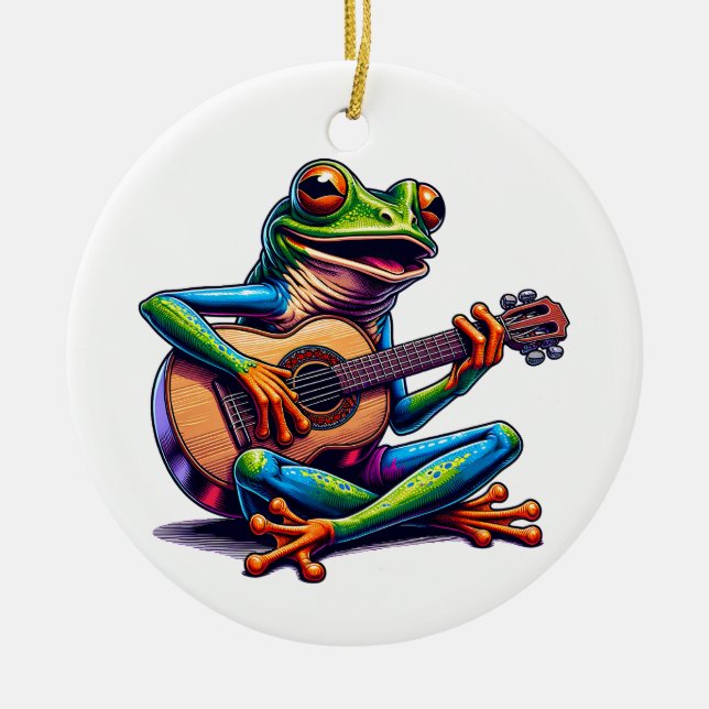 Cute Frog Playing a Guitar | Toad Pun Christmas Ceramic Ornament (Front)