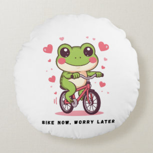 Cute Frog Riding Bicycle Funny Frog Lover Gift Round Pillow