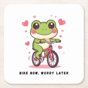 Cute Frog Riding Bicycle   Funny Frog Lover Gift Square Paper Coaster