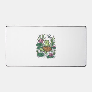 Cute Frog Riding Turtle Pond Vintage Vector Art_1 Desk Mat