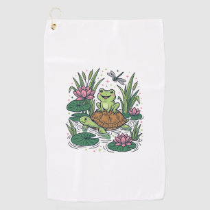 Cute Frog Riding Turtle Pond Vintage Vector Art_1 Golf Towel