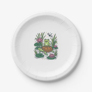 Cute Frog Riding Turtle Pond Vintage Vector Art_1 Paper Plate