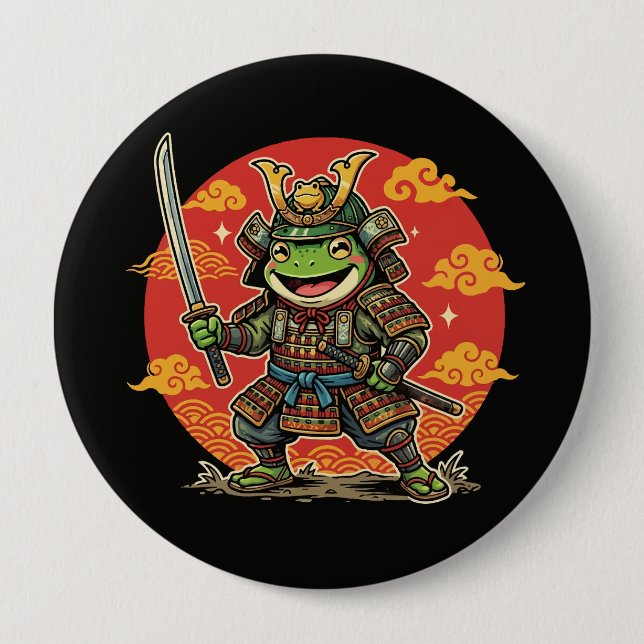 Cute Frog Samurai Cartoon Animal Warrior Design 4 Inch Round Button (Front)