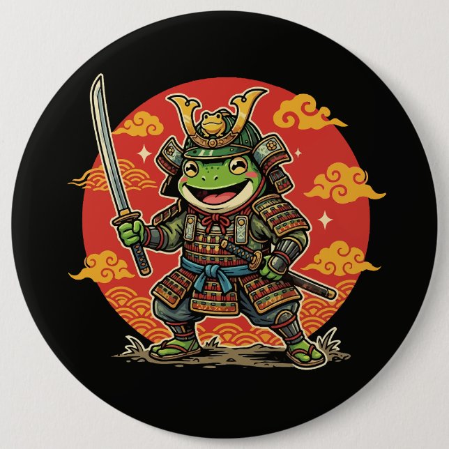 Cute Frog Samurai Cartoon Animal Warrior Design 6 Inch Round Button (Front)