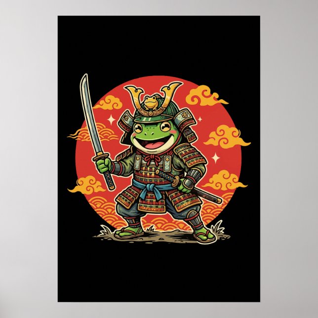 Cute Frog Samurai Cartoon Animal Warrior Design Poster (Front)