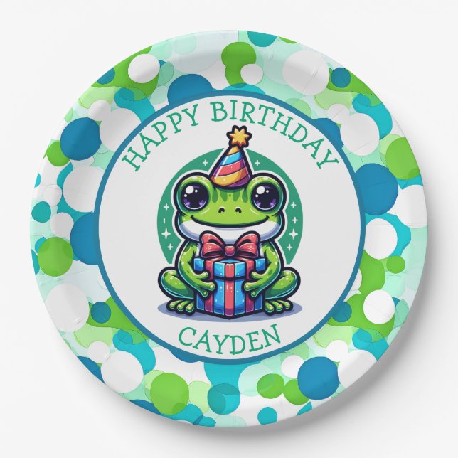 Cute Frog Themed Boy's Birthday Boy Photo Paper Plate (Front)