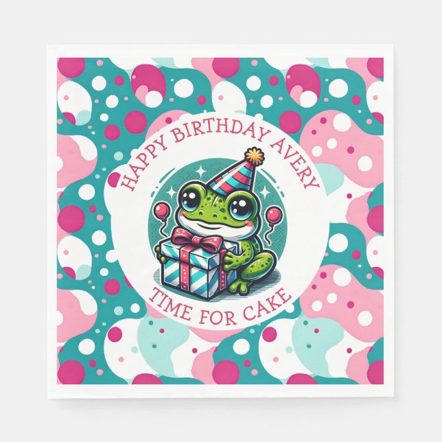Cute Frog Themed Girl's Personalized Birthday Napkin (Front)