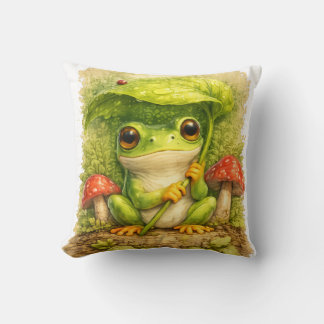 Cute Frog Under Leaf Umbrella Kawaii Woodland Rain Throw Pillow