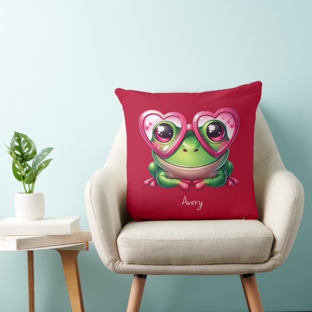 Cute Frog Wearing Oversized Heart Glasses Throw Pillow (Chair)