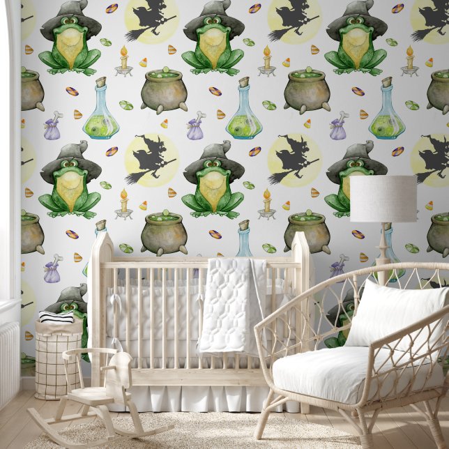 Cute Frog Witch Potion Cauldron Halloween Nursery Wallpaper (Kids)