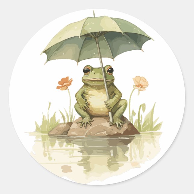 Cute Frog with an Umbrella at the Lake Classic Round Sticker (Front)