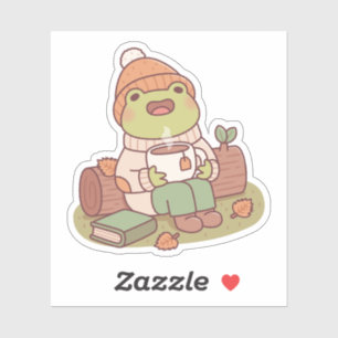 Cute Frog With Beanie And Hot Tea Autumn Season