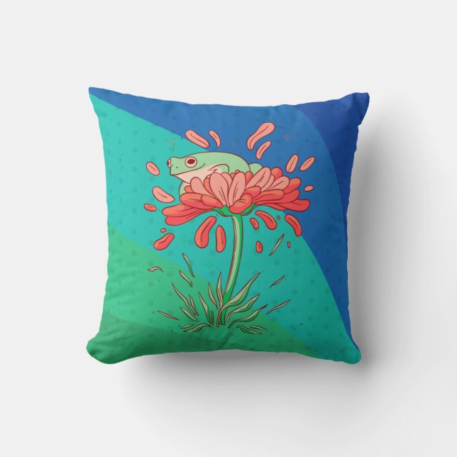 Cute Frog with Flower Petals Throw Pillow (Front)