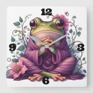 Cute Frog with Flowers Square Wall Clock