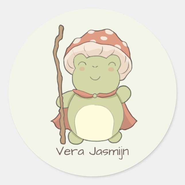 Cute frog with mushroom hat | personalised name classic round sticker (Front)