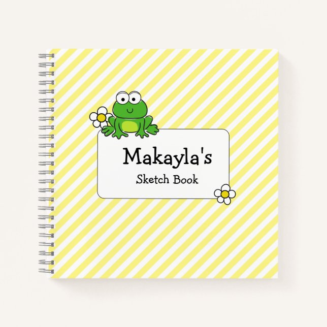 Cute Frog Yellow and White Stripe Spiral Notebook (Front)