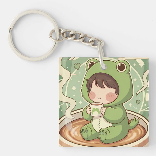 Cute Froggy Coffee Tale Design Keychain (Front)