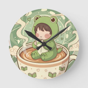 Cute Froggy Coffee Tale Design Round Clock