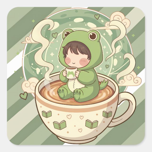 Cute Froggy Coffee Tale Design Square Sticker (Front)