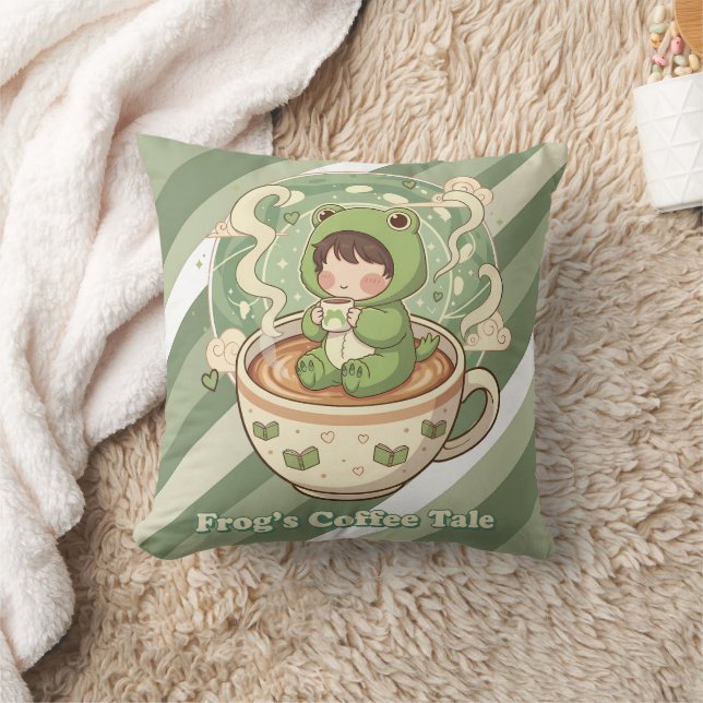 Cute Froggy Coffee Tale Design Throw Pillow (Blanket)