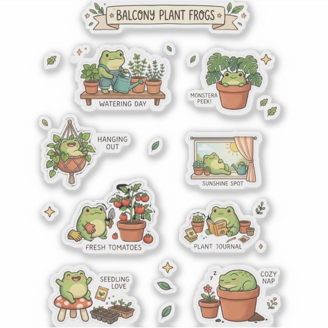 Cute Frogs Balcony Plants Sticker Sheet (Front)
