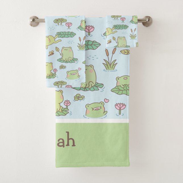 Cute Frogs Dragonflies Pattern Kids Personalized Bath Towel Set (Insitu)