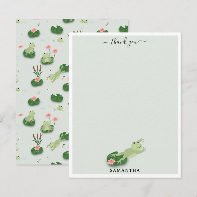 Cute Frogs in Lily Pond Custom Name Thank You Card (Front/Back)