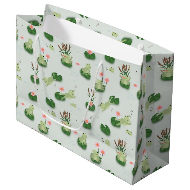 Cute Frogs in Lily Pond Large Gift Bag (Front Angled)