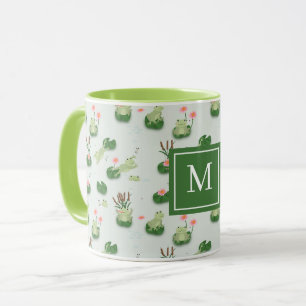Cute Frogs in Lily Pond Monogrammed Initial Mug