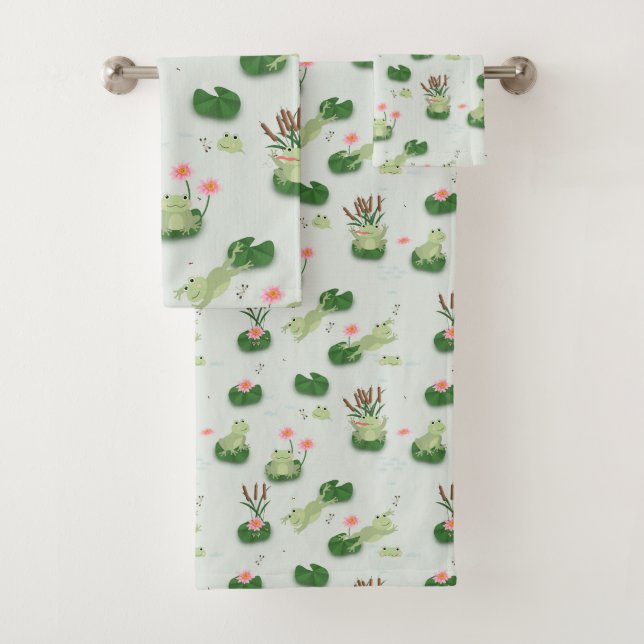 Cute Frogs in Lily Pond Nursery Gender Neutral Bath Towel Set (Insitu)