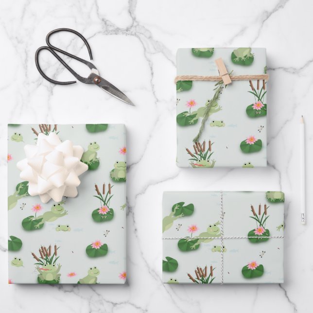 Cute Frogs in Lily Pond Wrapping Paper Sheet (Front)