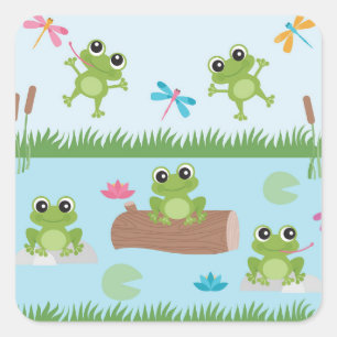 Cute Frogs in Pond Square Sticker