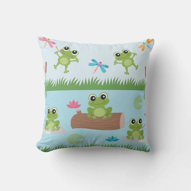 Cute Frogs in Pond Throw Pillow (Front)