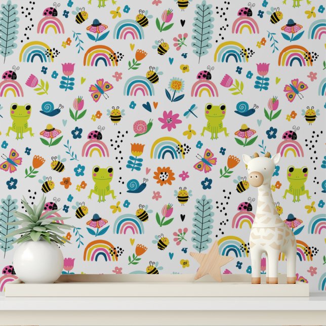 Cute Frogs Insects Rainbows Flowers Kids Pattern Wallpaper (Creator Uploaded)