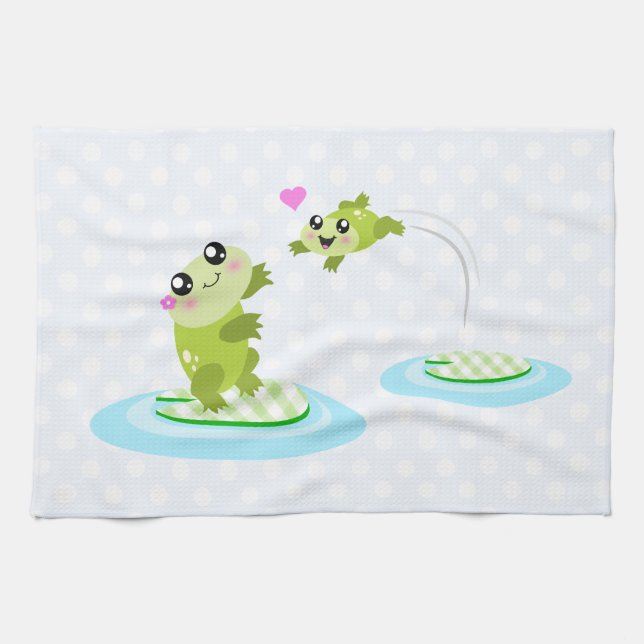 Cute frogs - kawaii mom and baby frog cartoon kitchen towel (Horizontal)