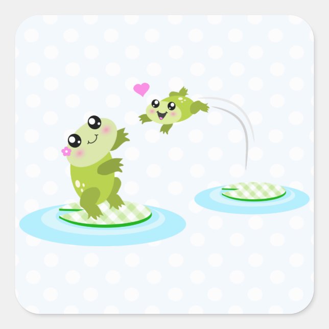 Cute frogs - kawaii mom and baby frog cartoon square sticker (Front)