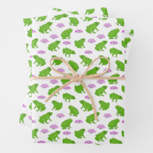 Cute Frogs Lily Pads Pink and Green Doodle Art  Wrapping Paper Sheet