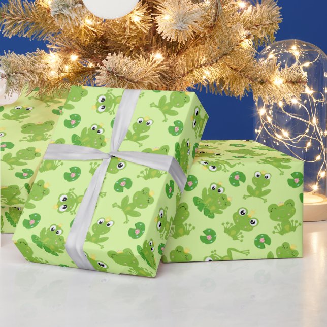Cute Frogs Pattern on Bright Green Wrapping Paper (Holidays)